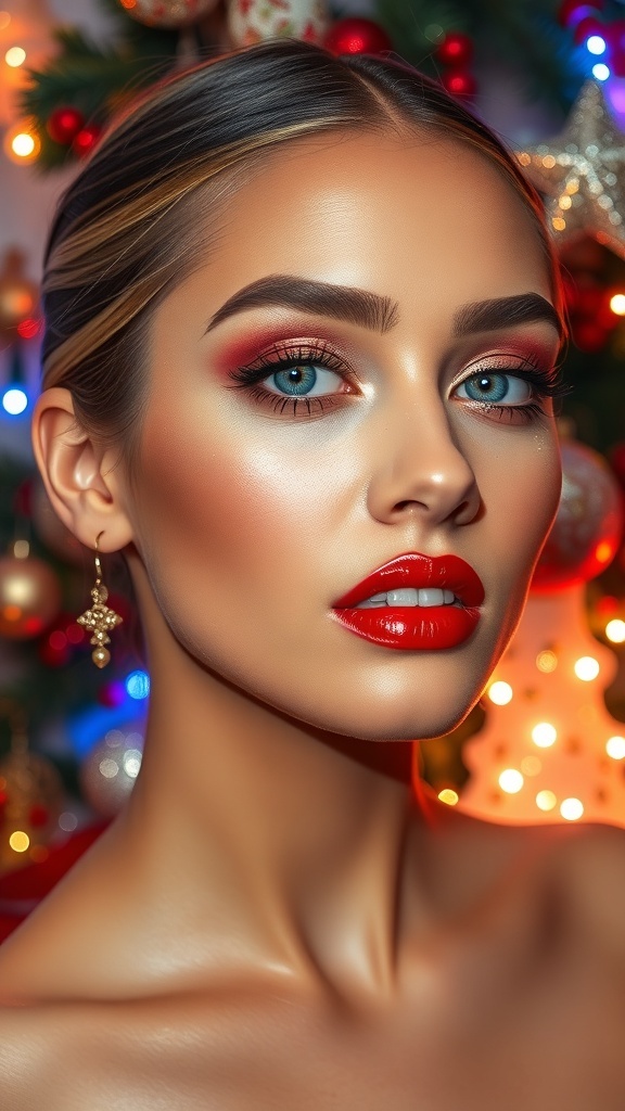 A model showcasing a simple Christmas makeup look with red lips and gold eyeshadow against a festive backdrop.
